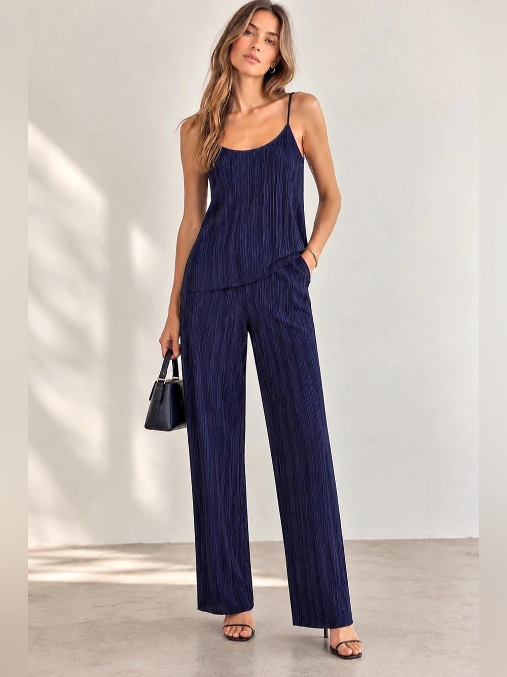 IPEKYOL Navy Pleated Plissé Cami Top & Wide Leg Pants 2-Piece Set US 6